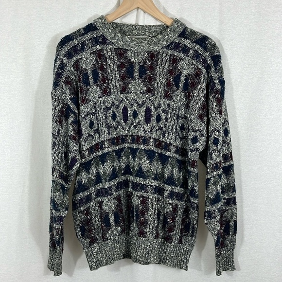 Method Vintage Crew Neck Geo Print Gray Blue Pullover Sweater Mens Size Large - Picture 1 of 9